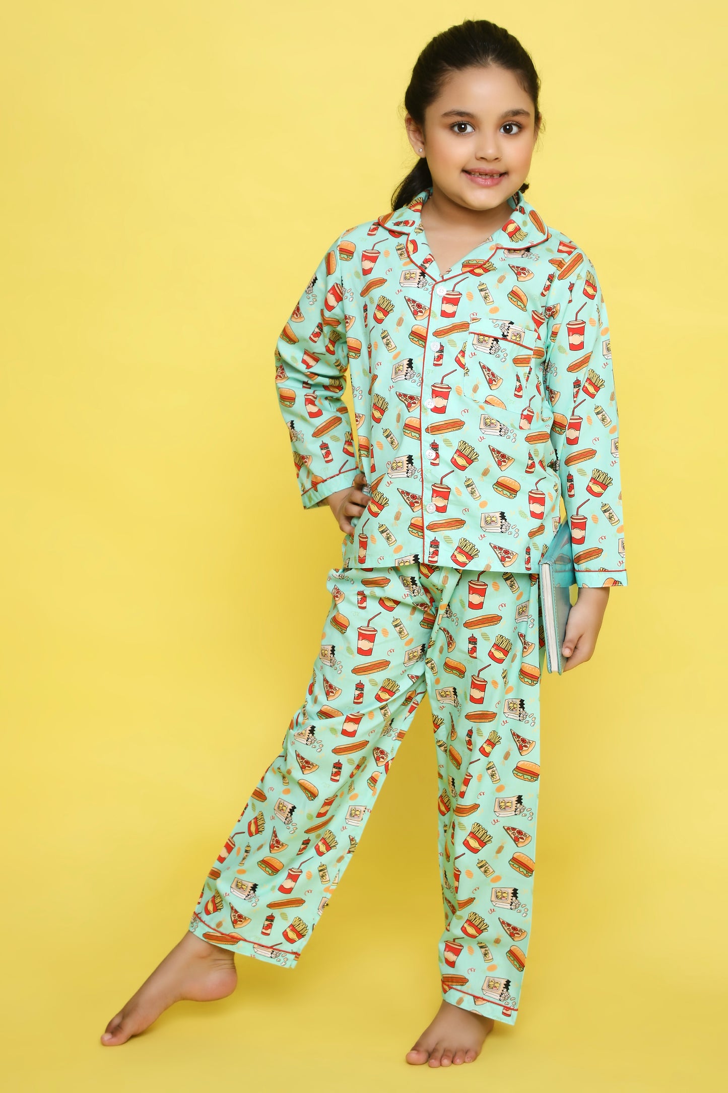 Junk Food Print Night Suit- Teal