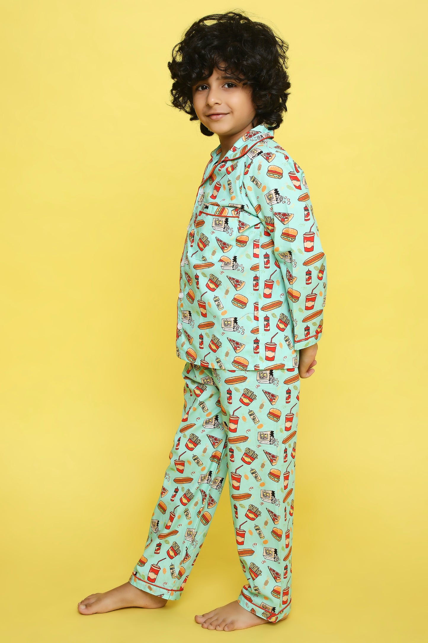Junk Food Print Night Suit- Teal