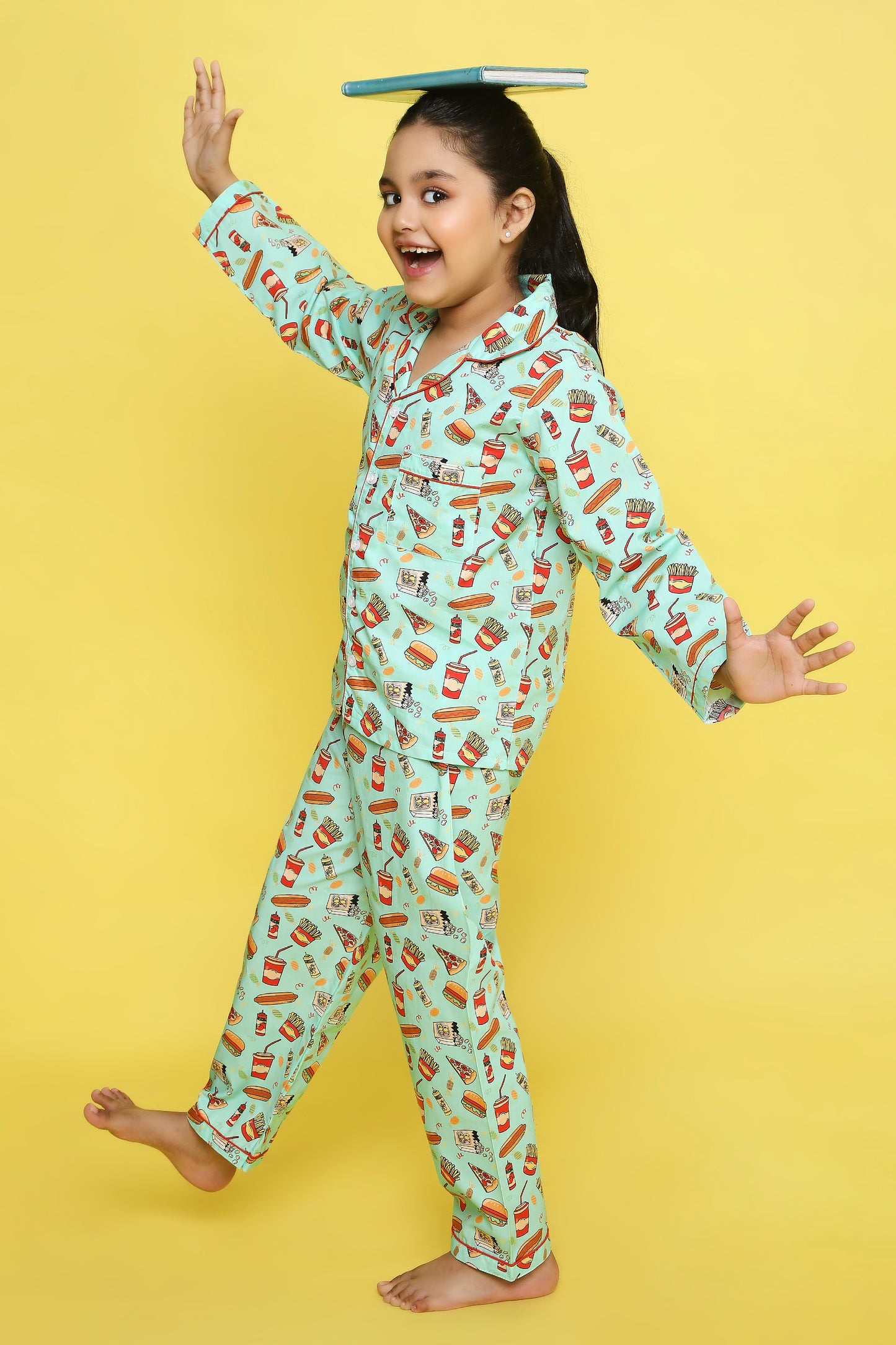 Junk Food Print Night Suit- Teal