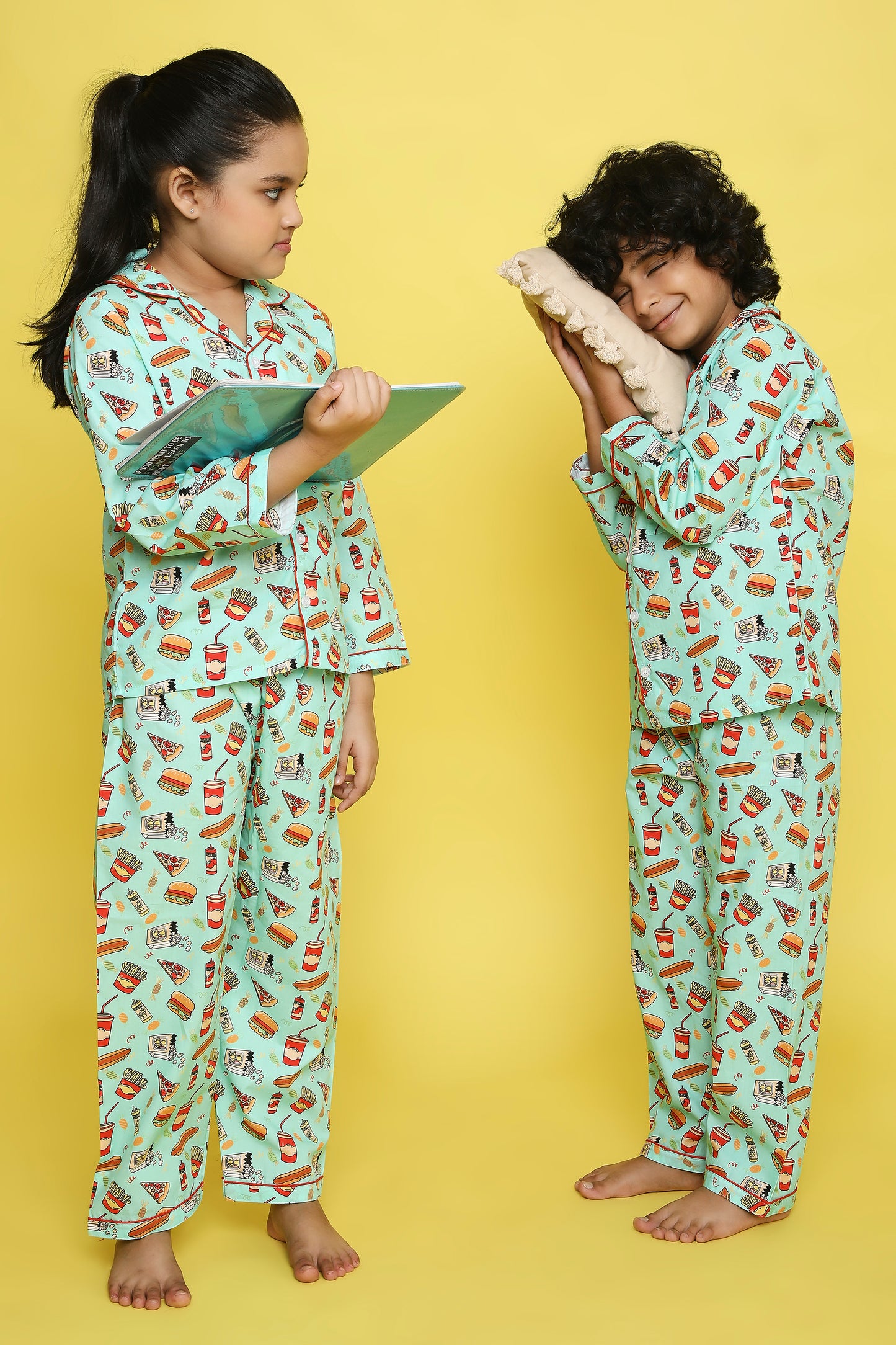 Junk Food Print Night Suit- Teal