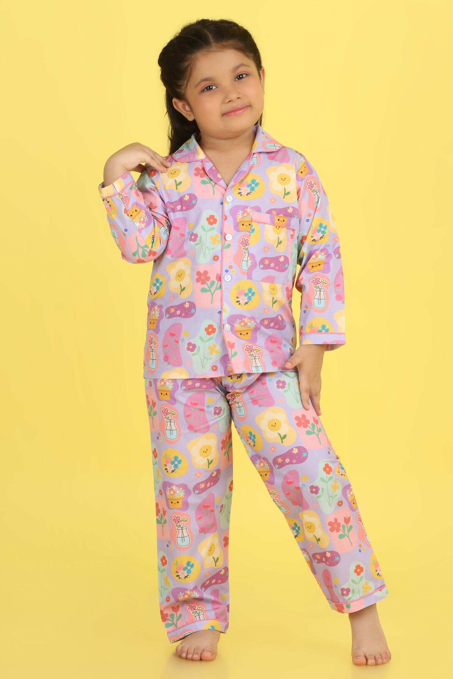 Flowers Print Nightsuit- Lilac