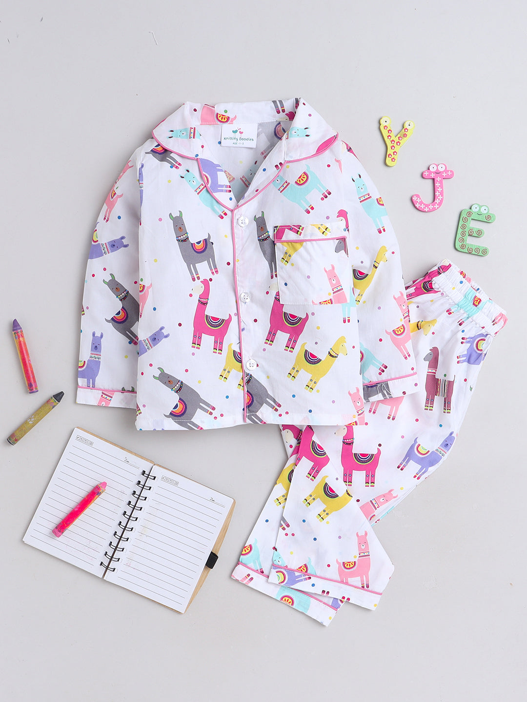 Llamas Print Night Suit- White
