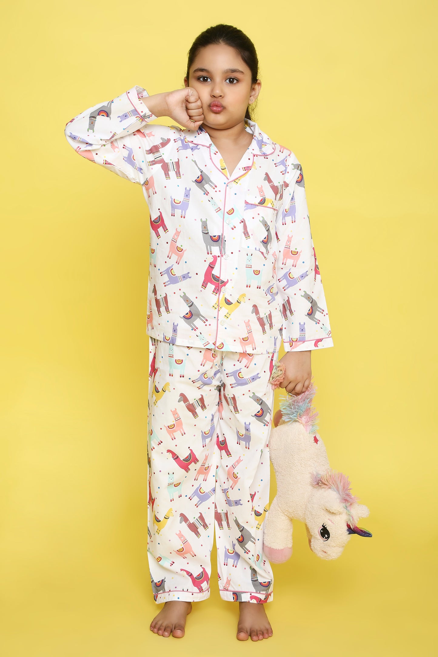 Llamas Print Night Suit- White