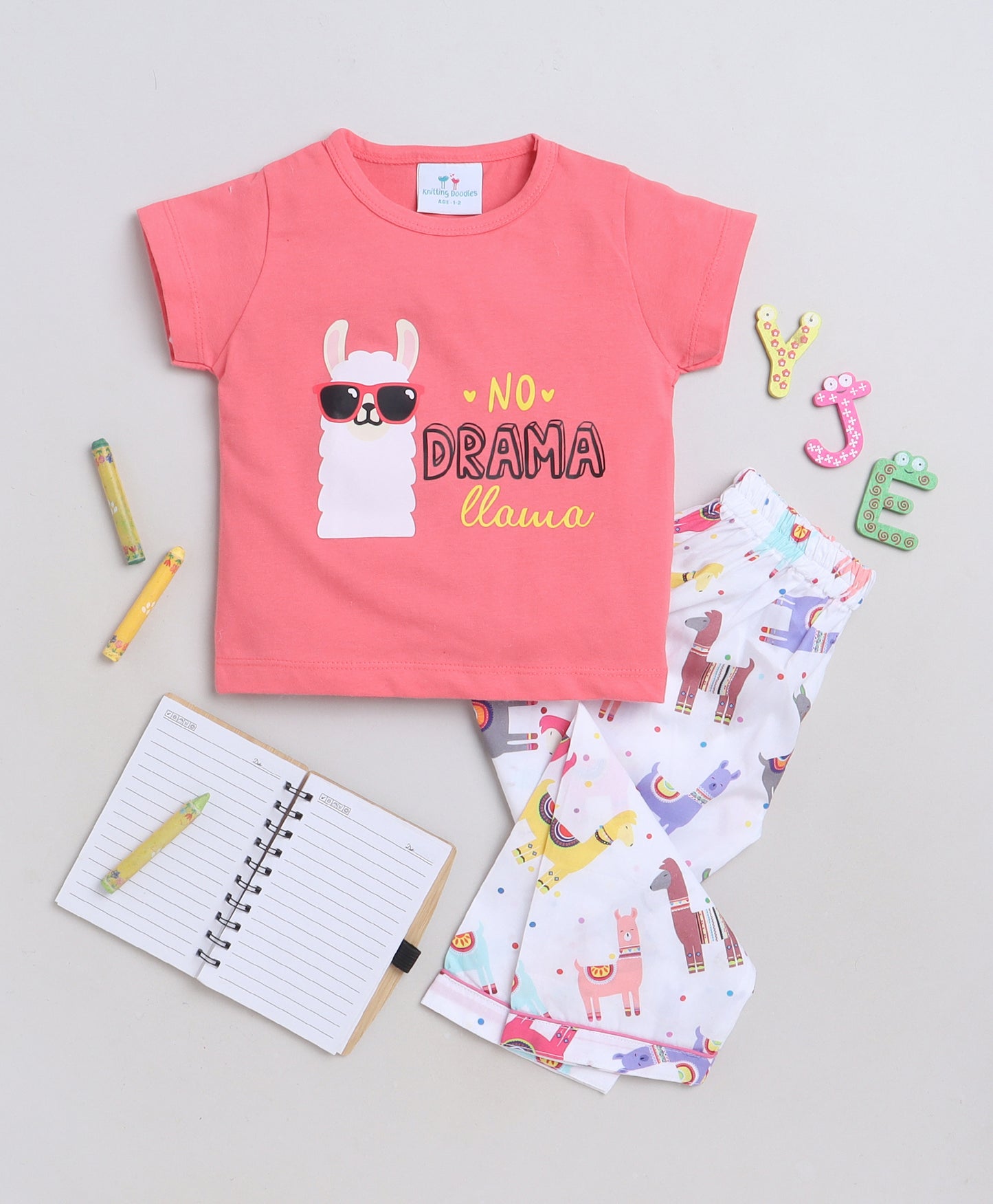 Llama Print T-shirt and Pyjama- Pink and White