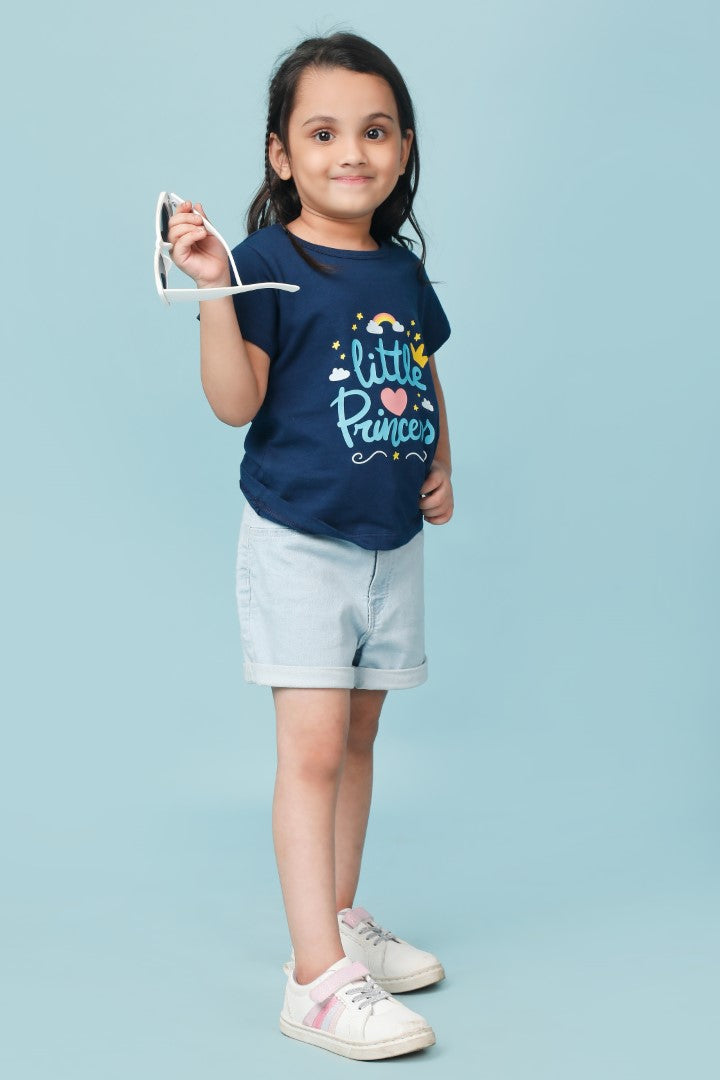 Knitting Doodles Pure cotton Girls' Blue t-shirt with Little Princess print- Blue