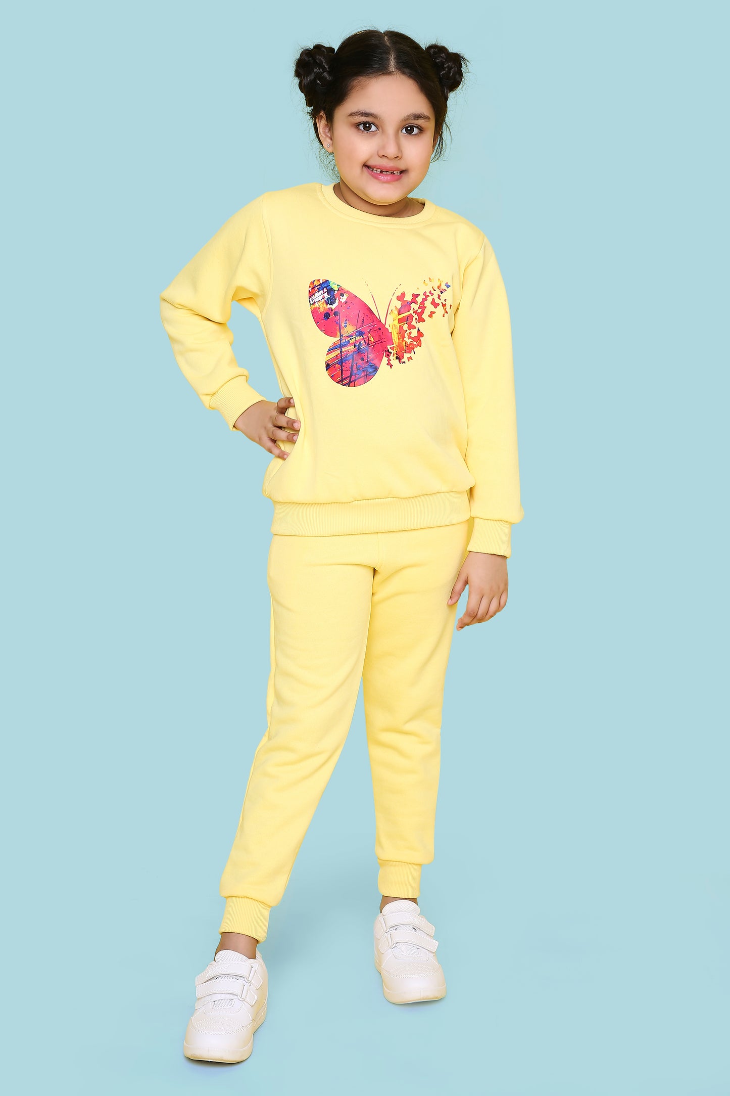 Knitting Doodles Kids' Jogger Set with Warm Fleece and Pretty Butterfly print- Yellow