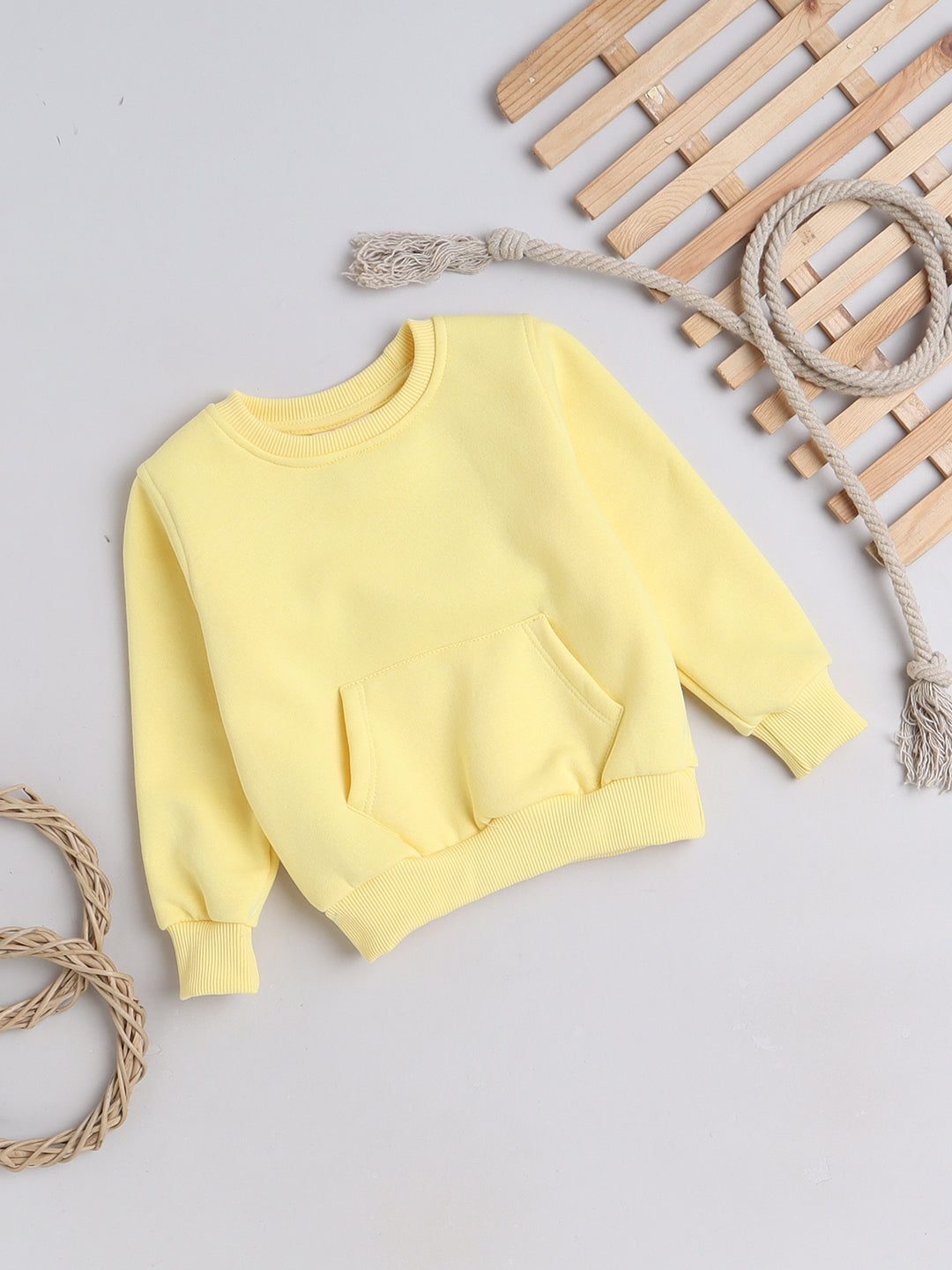 Knitting Doodles Kid's Sweatshirt with Warm Fleece and Pocket in front- Light Yellow