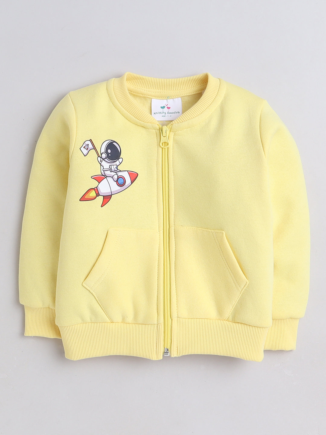 Knitting Doodles Kids' Jacket with Warm Fleece and Rocket Print- Yellow