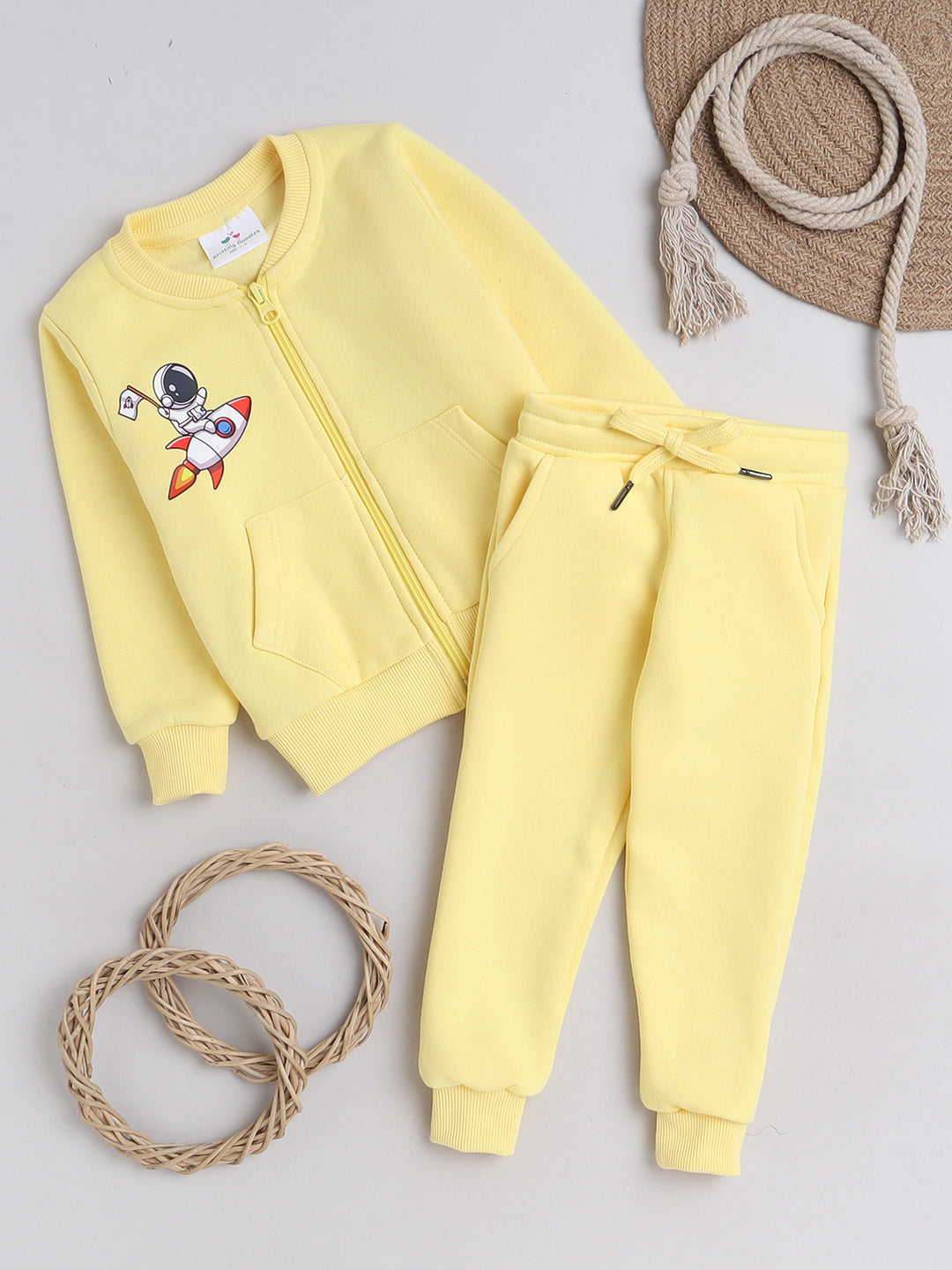 Knitting Doodles Kids' Jogger Set with Warm Fleece and Rocket Print- Yellow