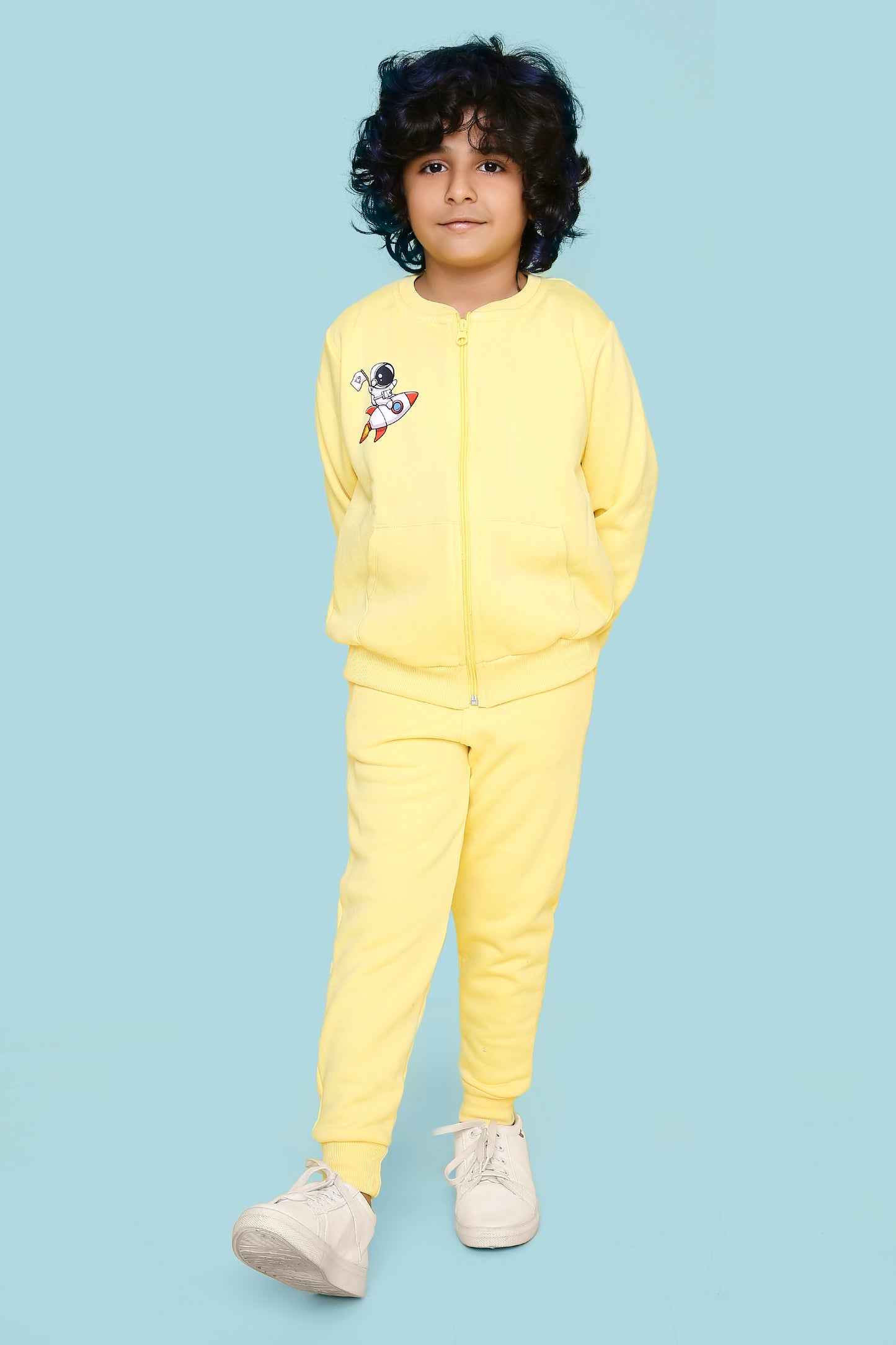 Knitting Doodles Kids' Jogger Set with Warm Fleece and Rocket Print- Yellow