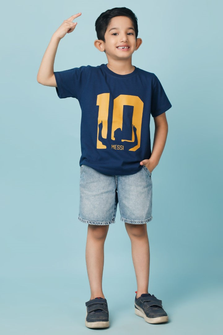 Knitting Doodles Pure cotton Boys' Blue t-shirt with Messi print- Blue