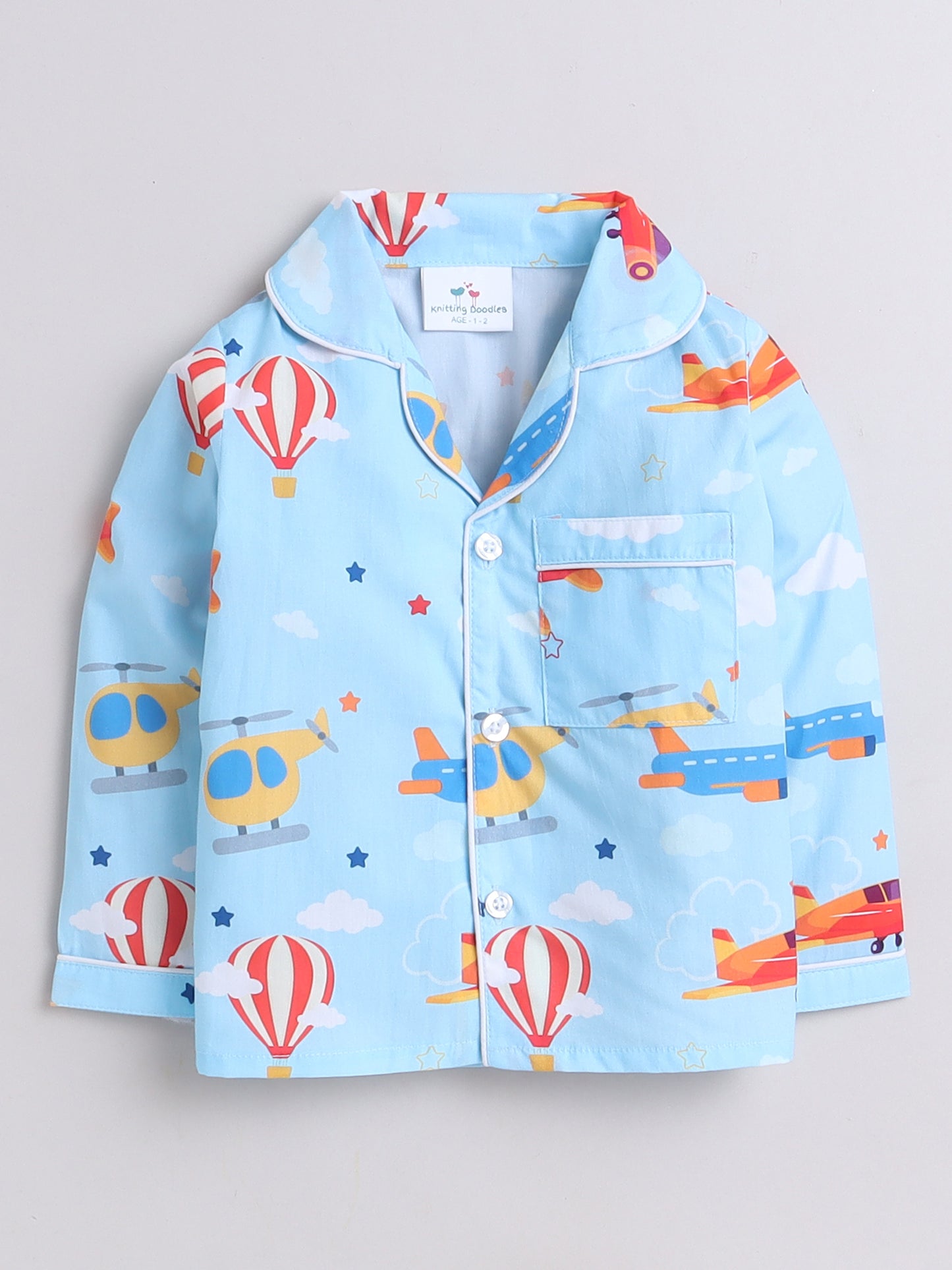 Airplanes, Coptors & Hot Air Balloons Print- Blue