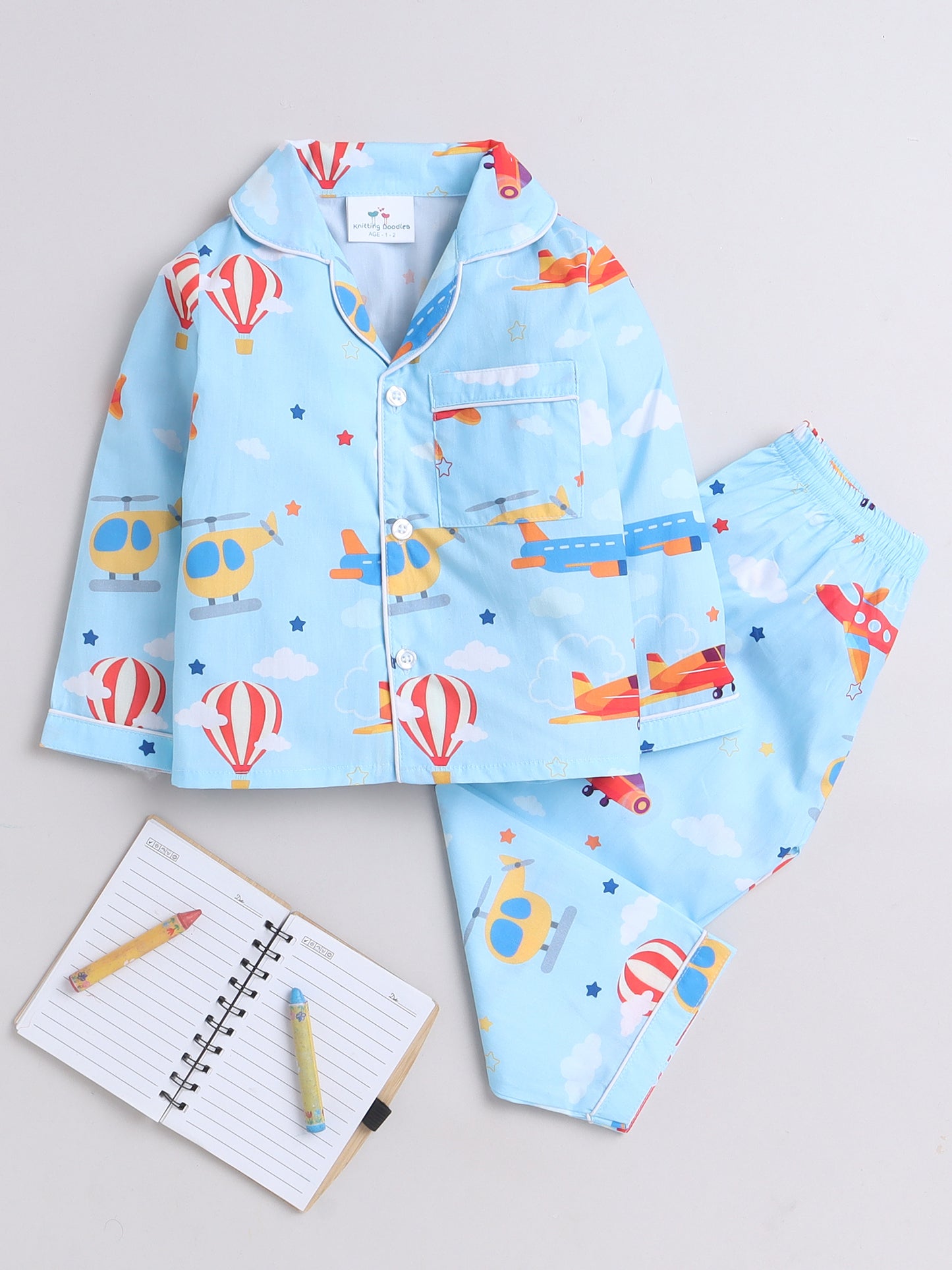 Airplanes, Coptors & Hot Air Balloons Print- Blue
