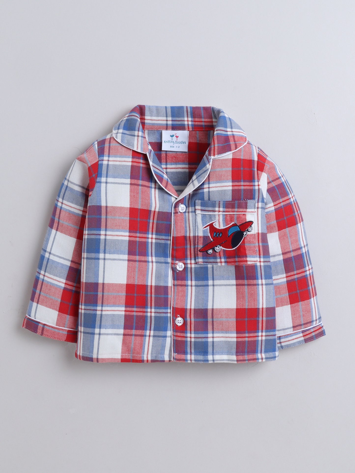 Red and Blue Checks Nightsuit with Aeroplane Embroidery- Red & Blue