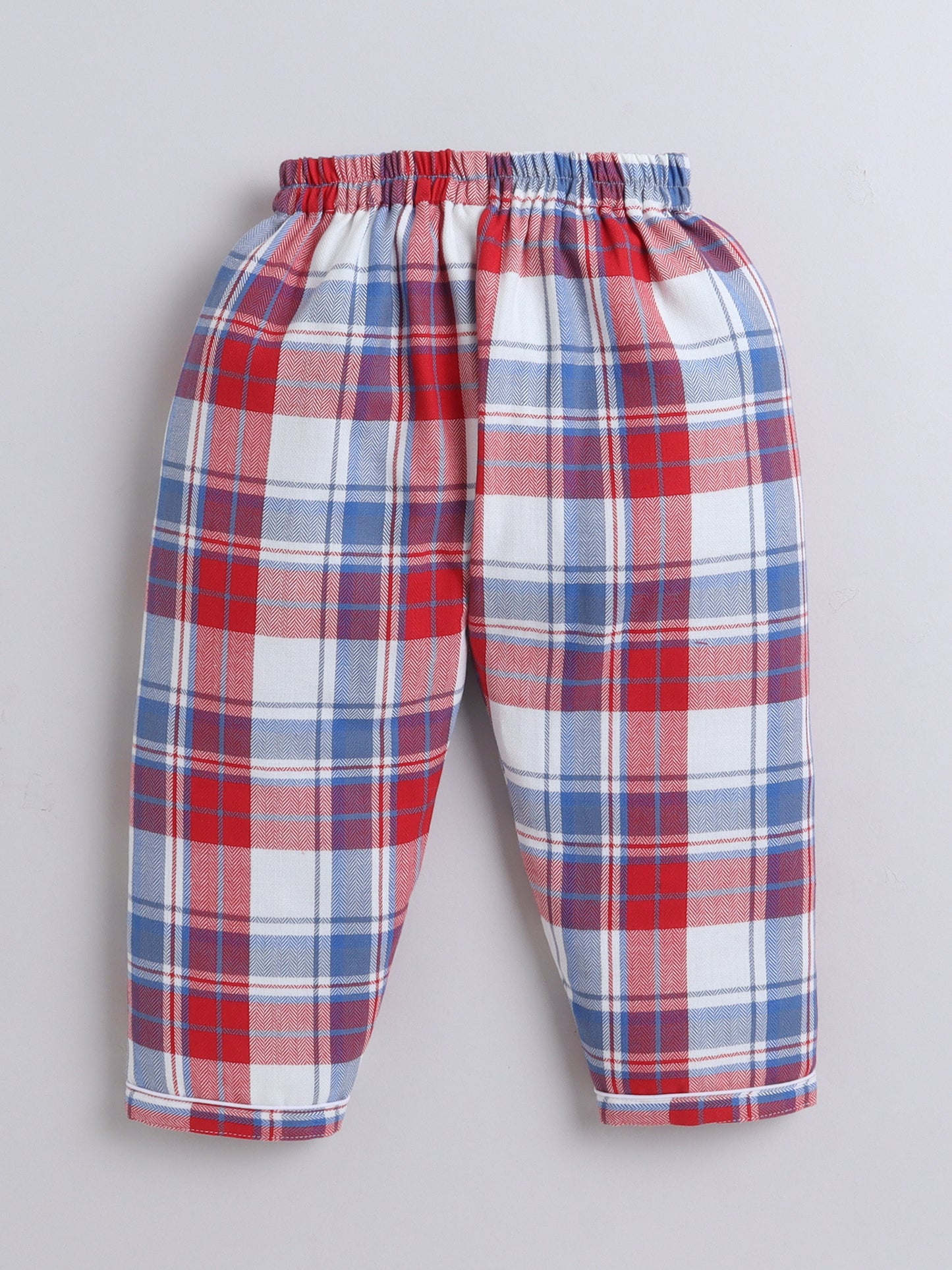Red and Blue Checks Nightsuit with Aeroplane Embroidery- Red & Blue