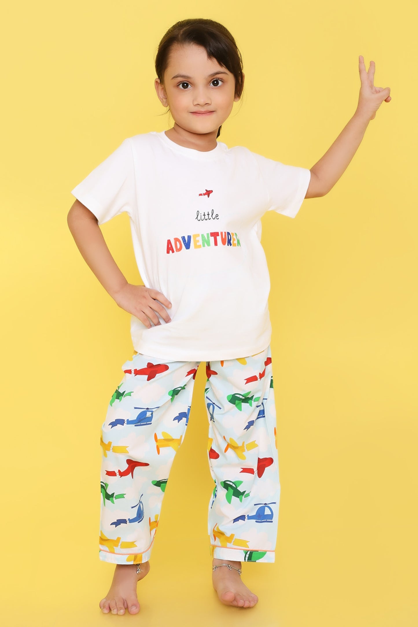 Aeroplane Print T-shirt and Pyjama- Blue and White