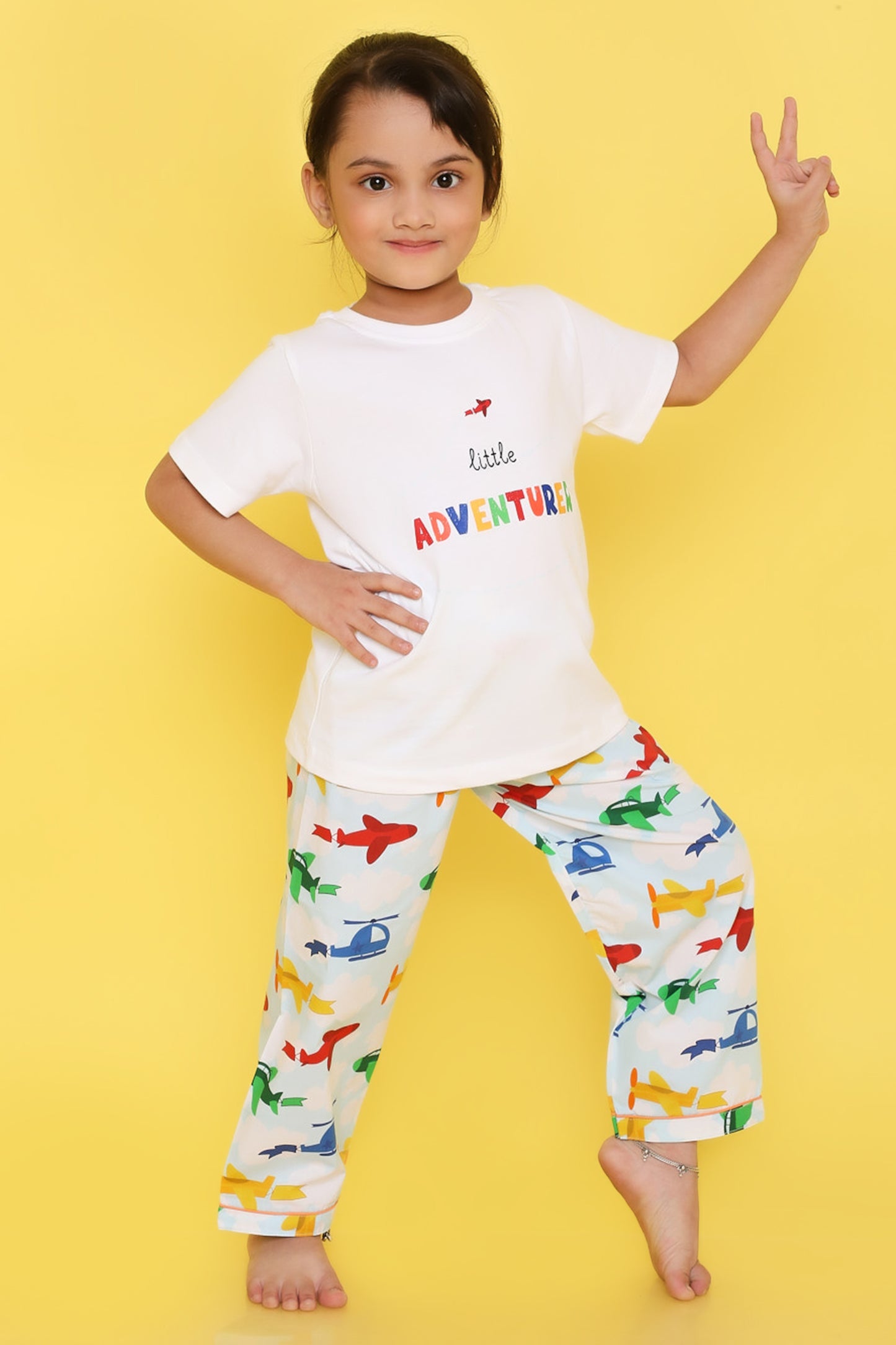 Aeroplane Print T-shirt and Pyjama- Blue and White