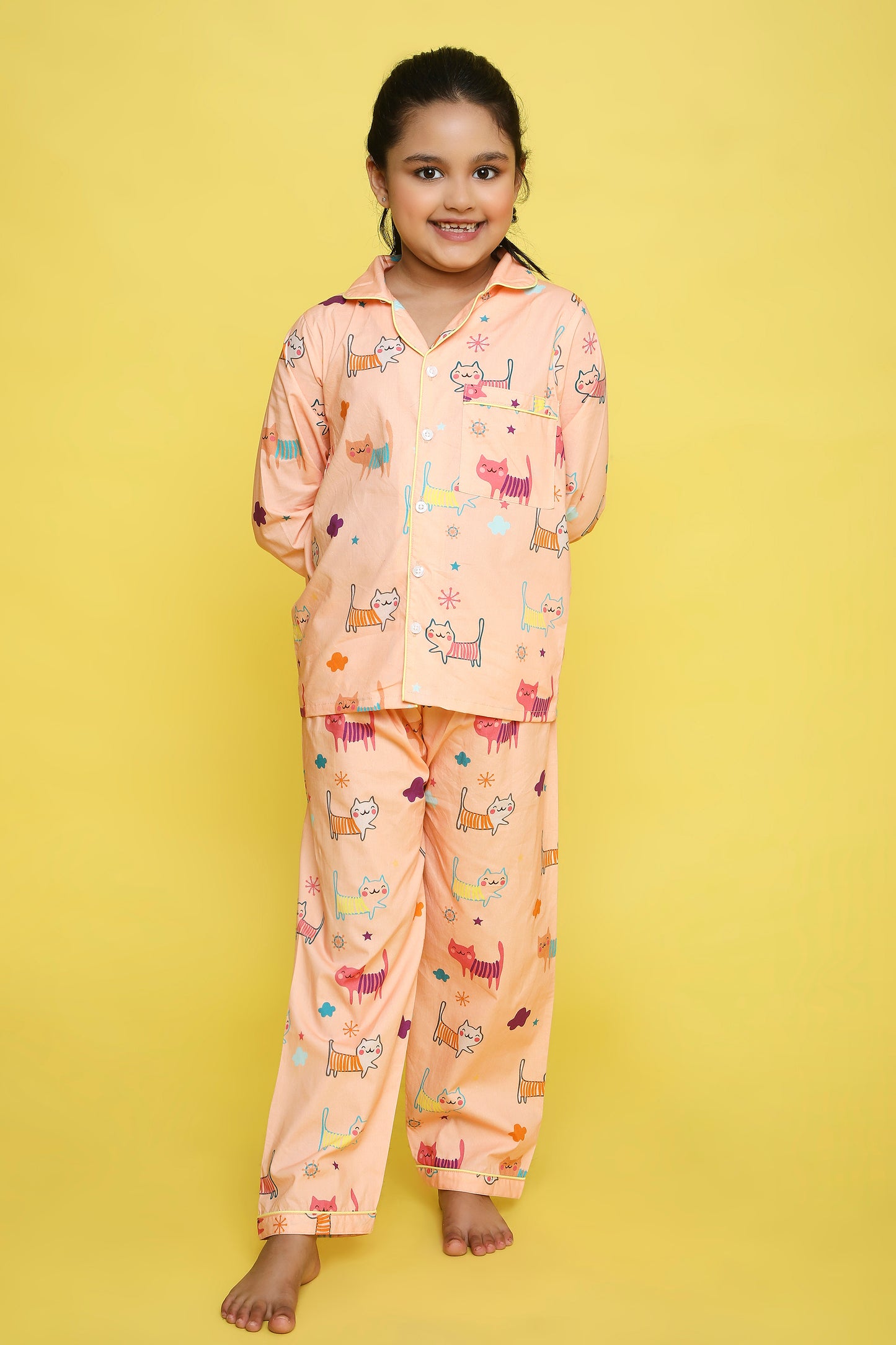 Cats Print Night Suit- Peach