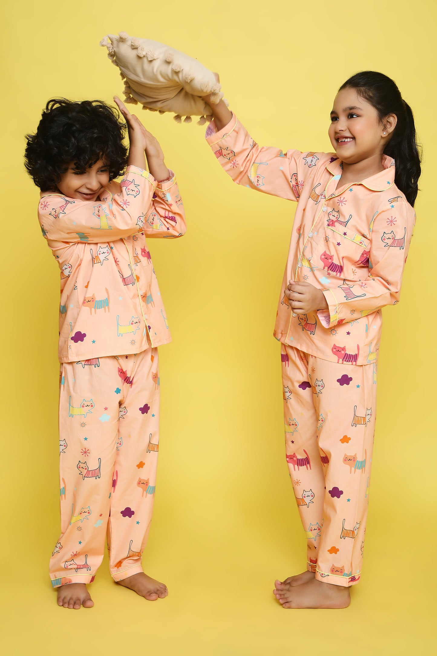 Cats Print Night Suit- Peach