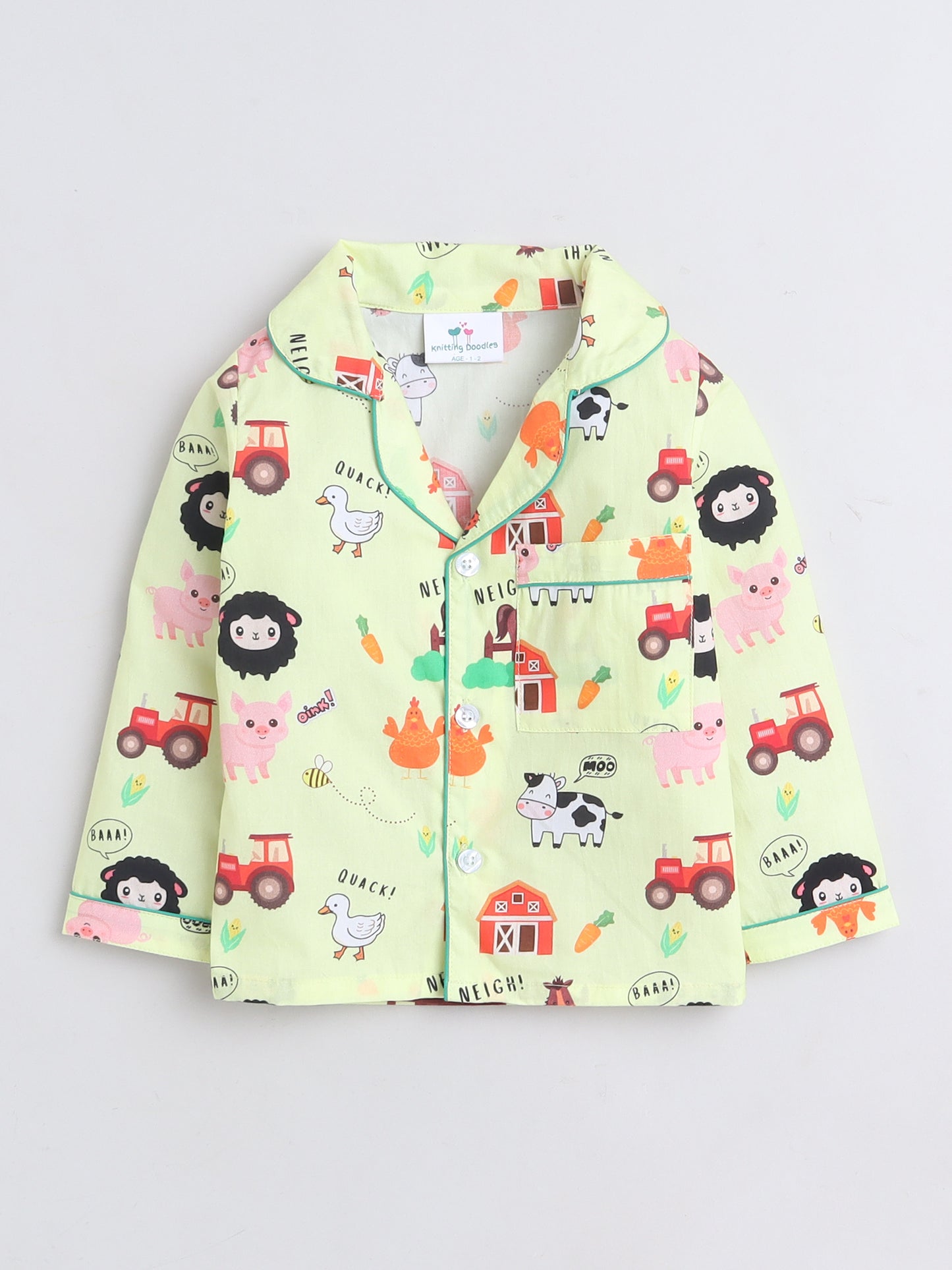 Farm Animals Print Night Suit- Light Yellow