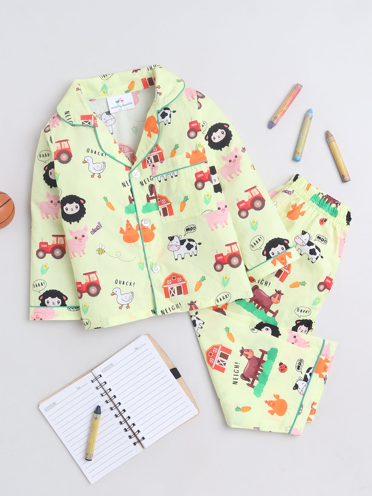 Farm Animals Print Night Suit- Light Yellow