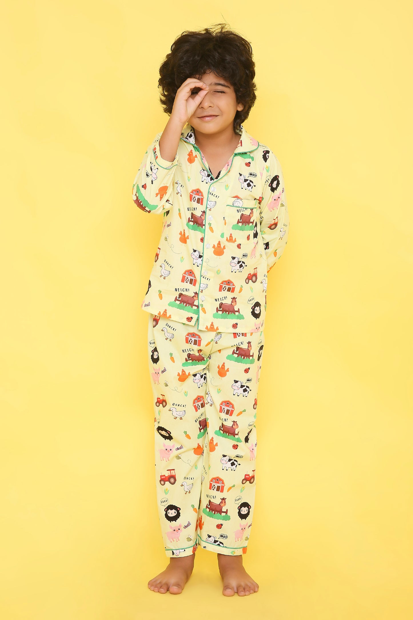 Farm Animals Print Night Suit- Light Yellow