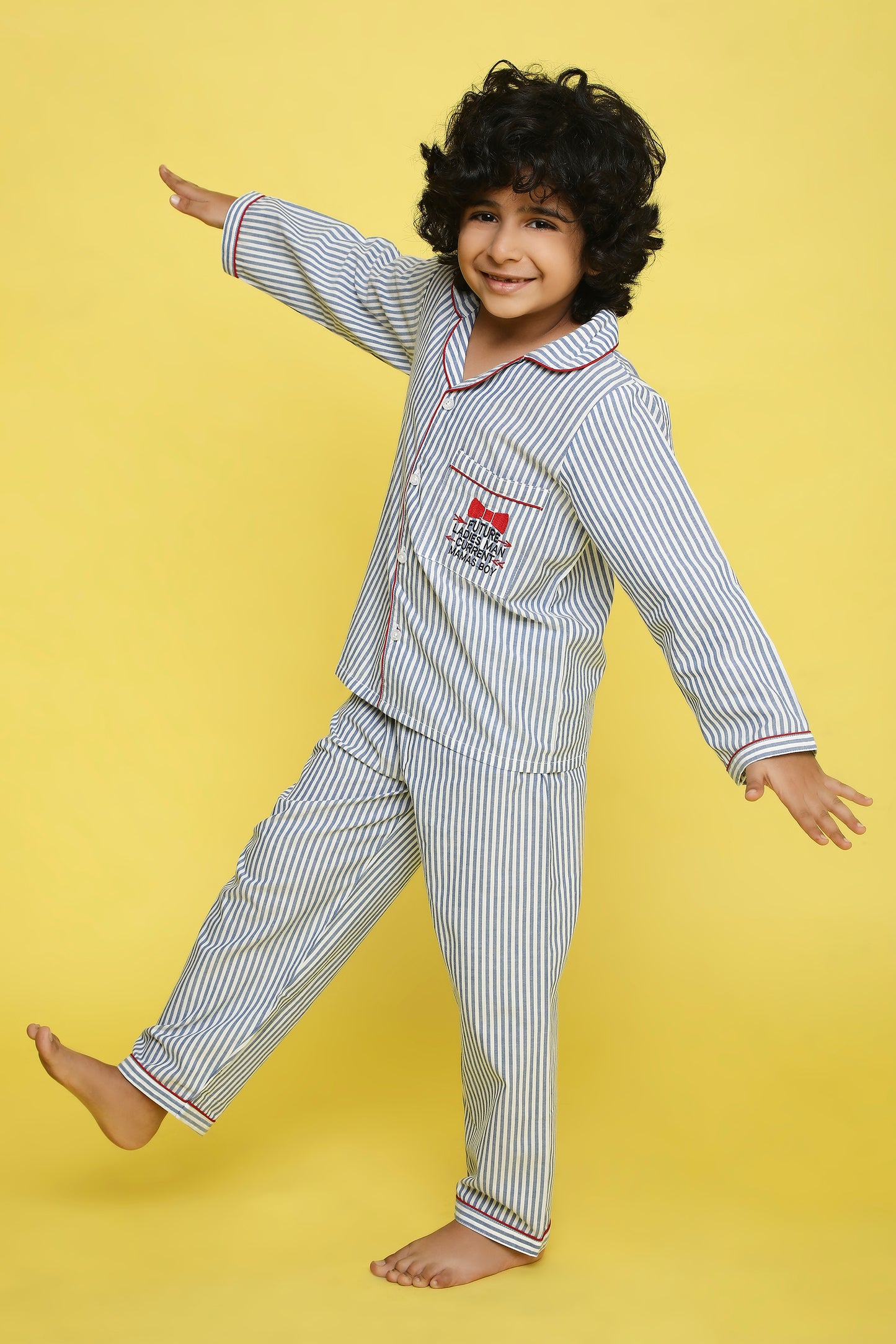 Blue and White Stripes Night Suit with cute Mama's Boy embroidery on the pocket