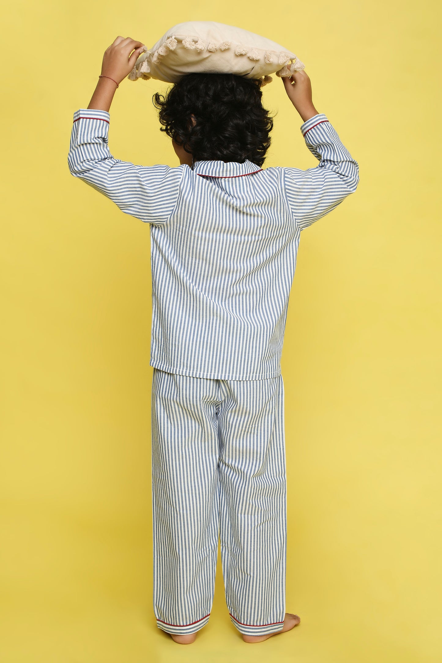 Blue and White Stripes Night Suit with cute Mama's Boy embroidery on the pocket