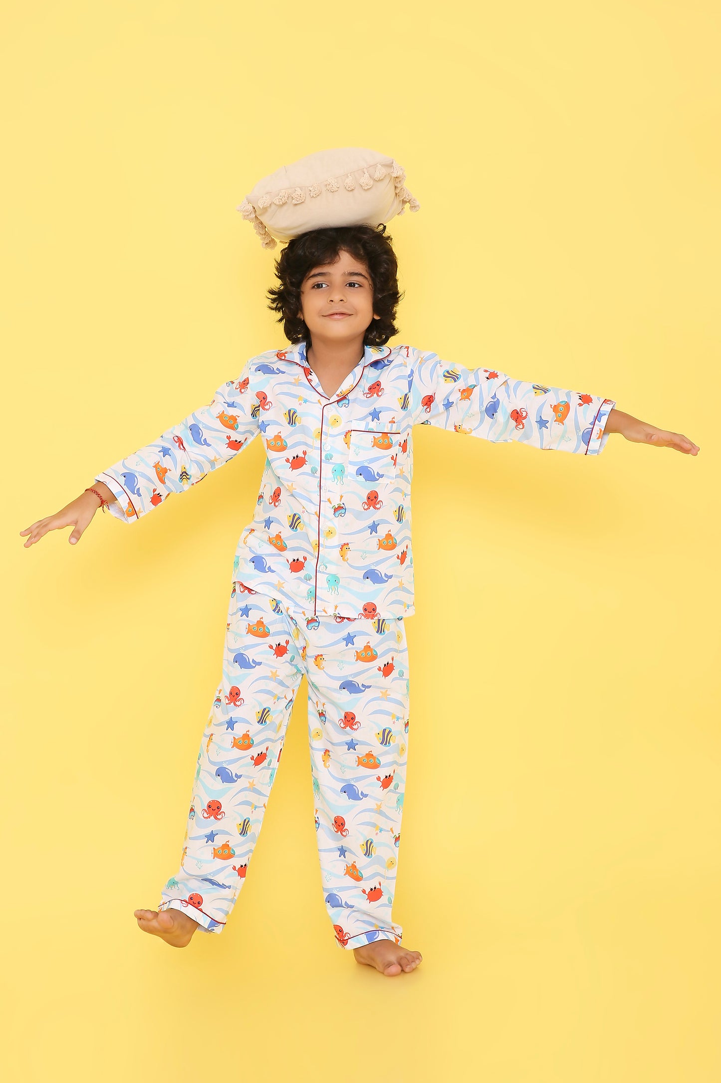 Fishes Print Night Suit- Light Blue