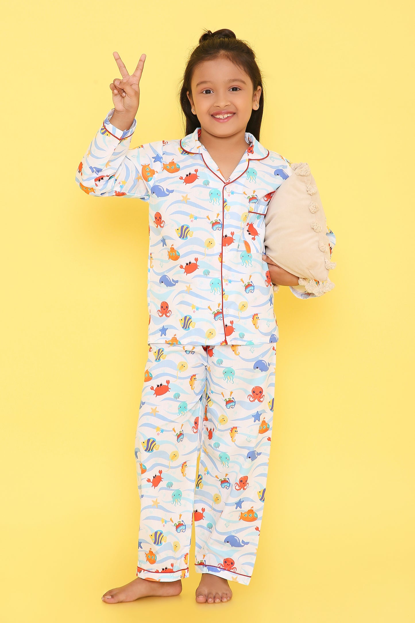 Fishes Print Night Suit- Light Blue