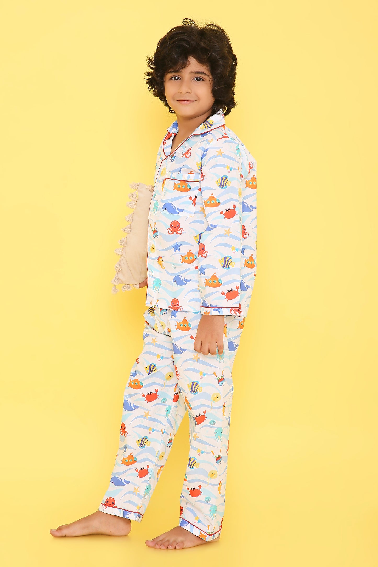 Fishes Print Night Suit- Light Blue