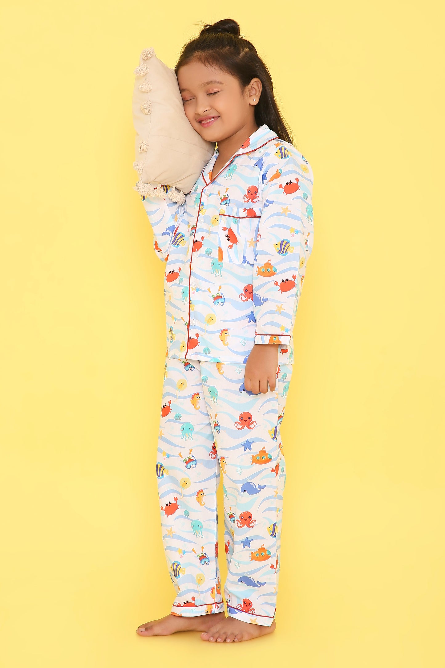 Fishes Print Night Suit- Light Blue
