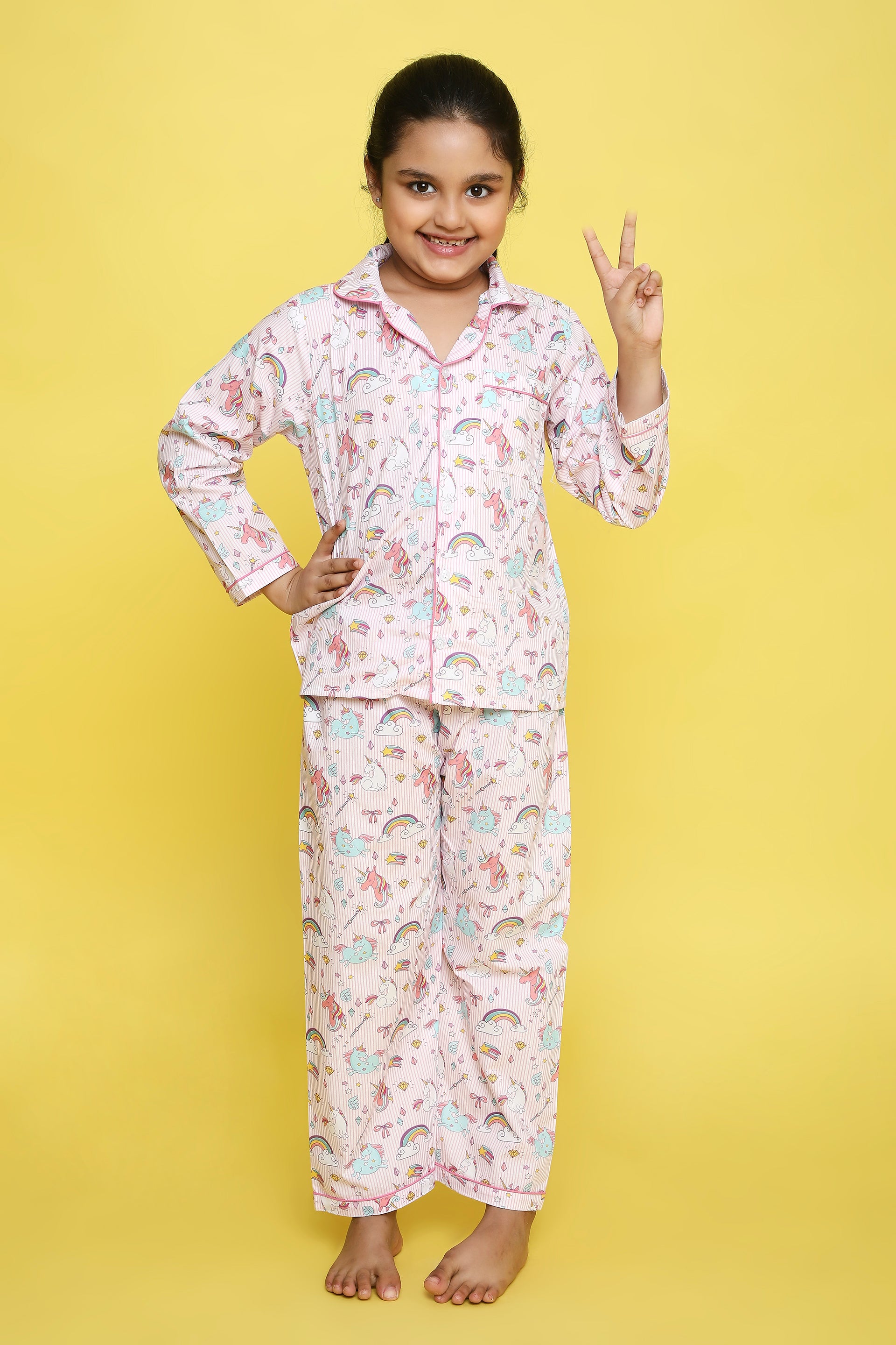 Unicorn Print Night Suit- White and Pink