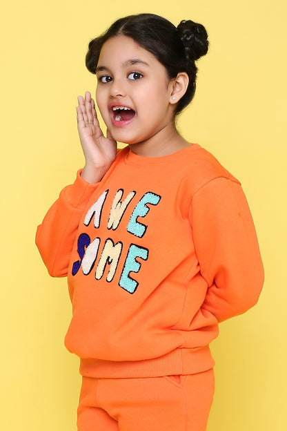 Knitting Doodles Kids' Sweat Shirt with Warm Fleece and Smart Awesome Embroidery- Orange