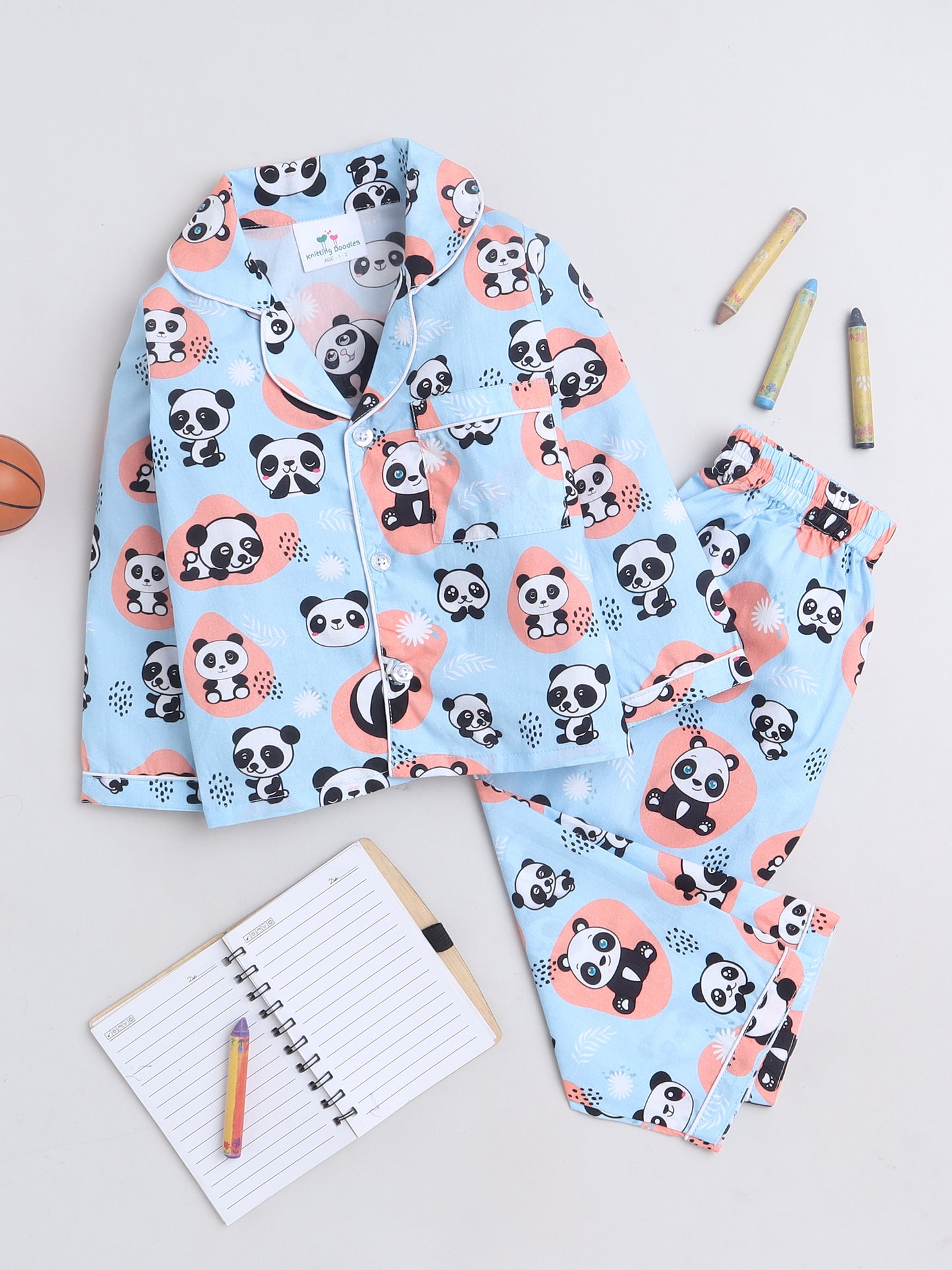 Panda Print Night Suit- Light Blue