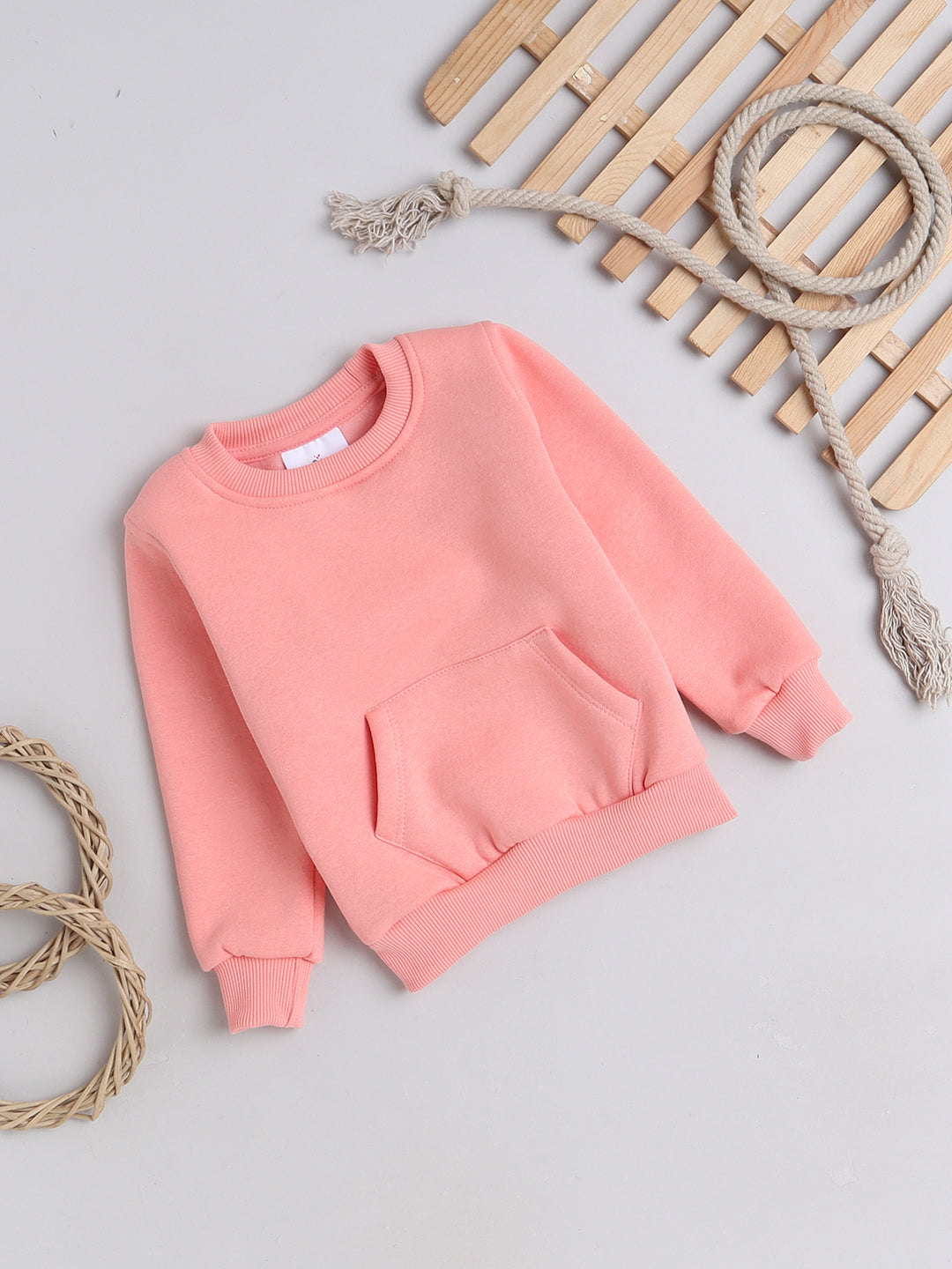 Knitting Doodles Kid's Sweatshirt with Warm Fleece and Pocket in front- Peach