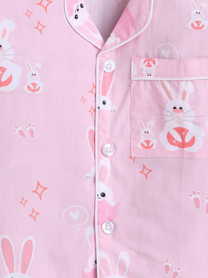 Bunnies Print Night Suit- Pink
