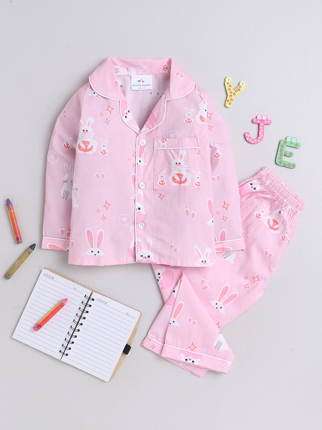 Bunnies Print Night Suit- Pink