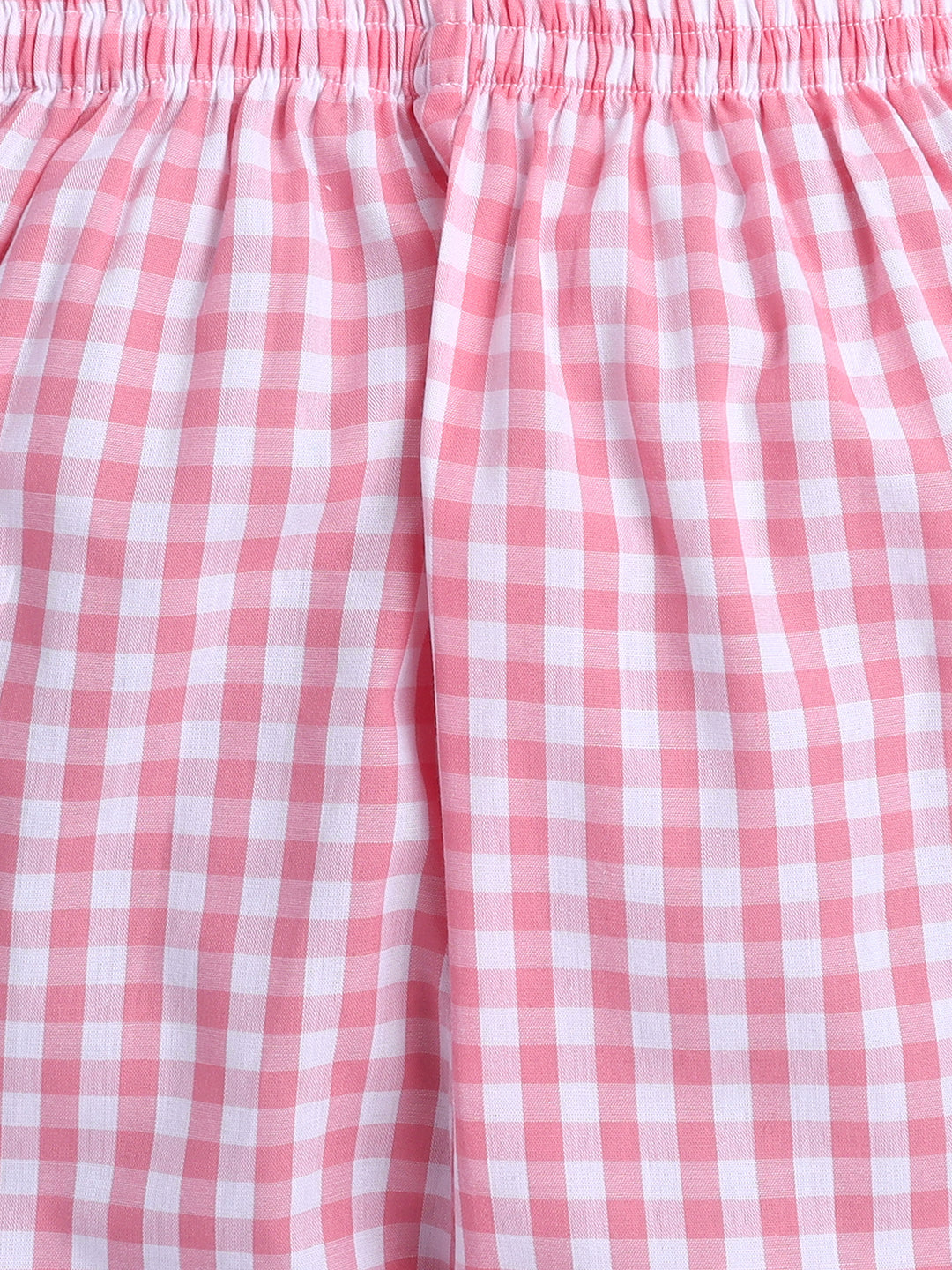 Pink and White Checks Nightsuit with Unicorn Embroidery on Pocket- Pink and White