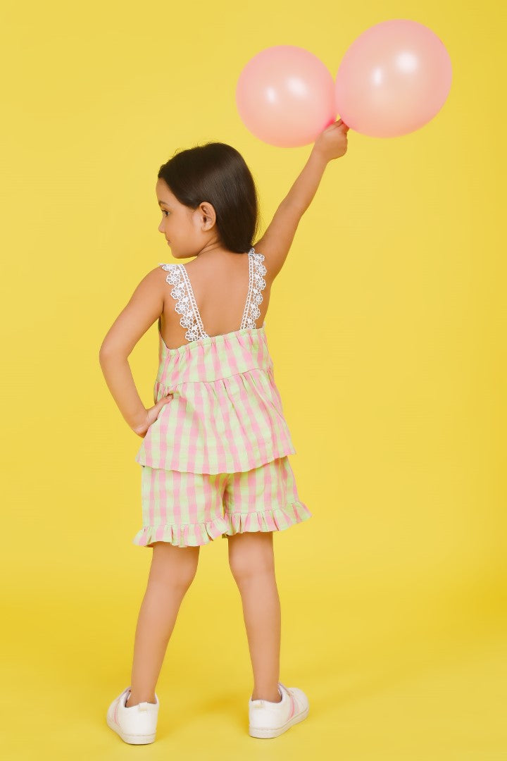 Pink and Green Coord set with shorts and crop top and lace detailing