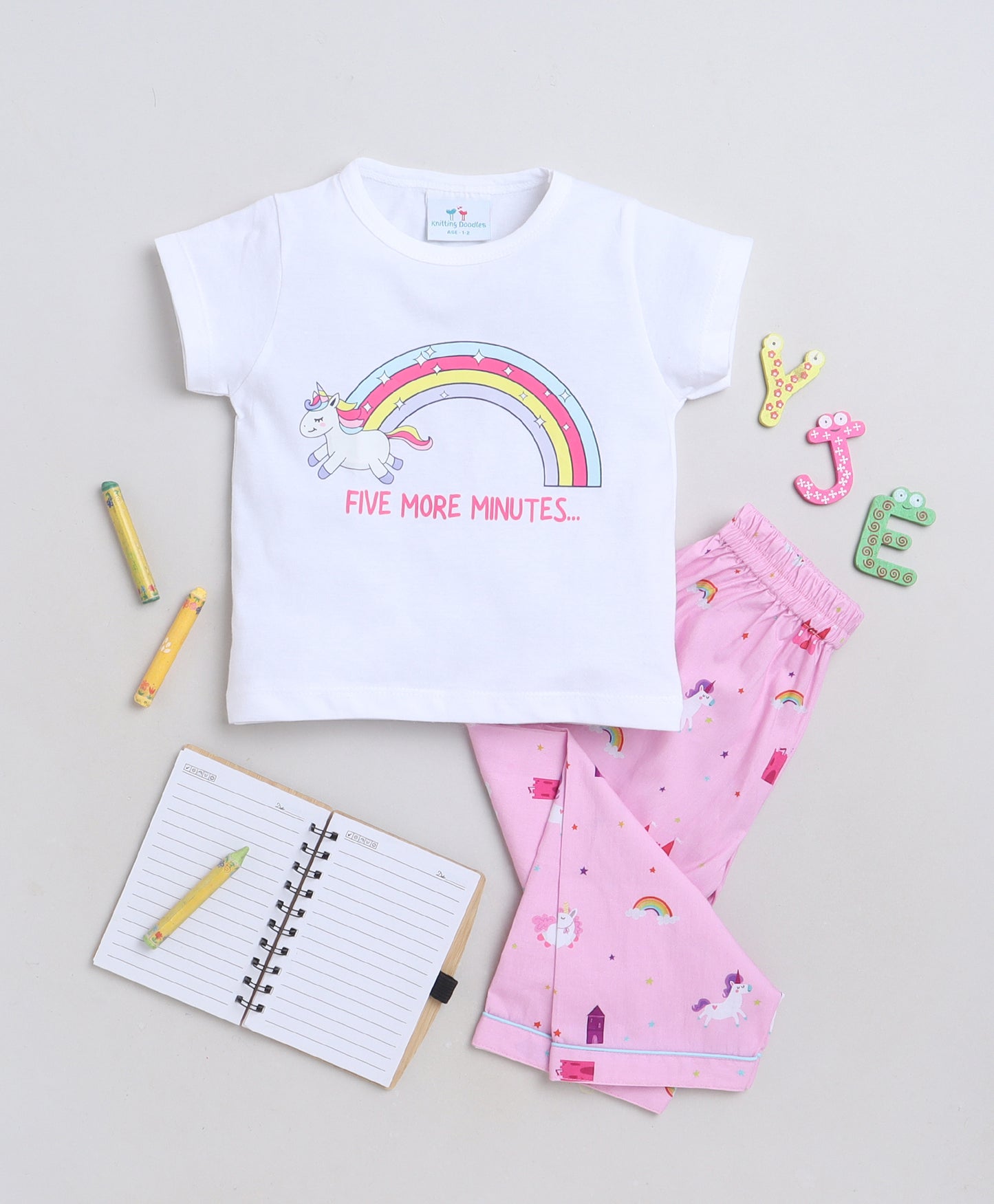 Unicorn Print T-shirt and Pyjama- Pink and White