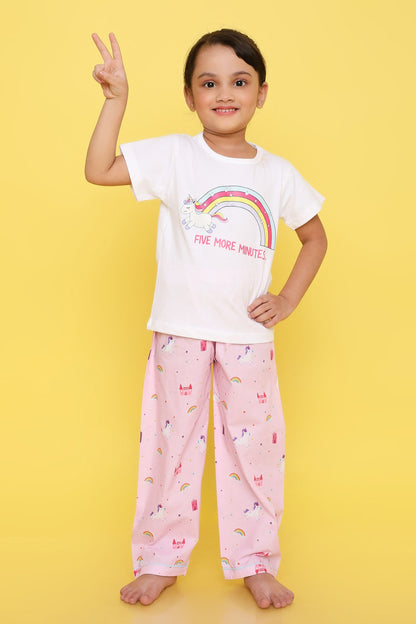 Unicorn Print T-shirt and Pyjama- Pink and White