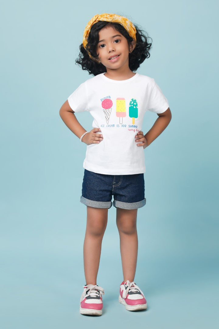 Knitting Doodles Pure cotton Girls' White t-shirt with Cute Summer Popsicles print- White