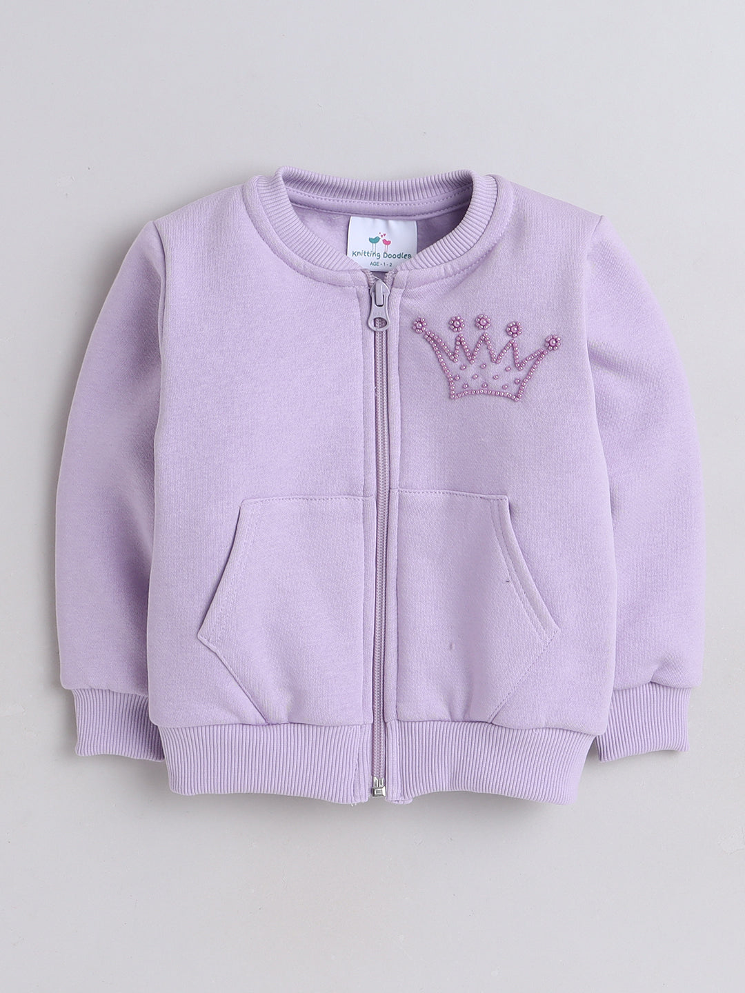 Knitting Doodles Kids' Jogger Set with Warm Fleece and Pretty Crown Detailing- Purple