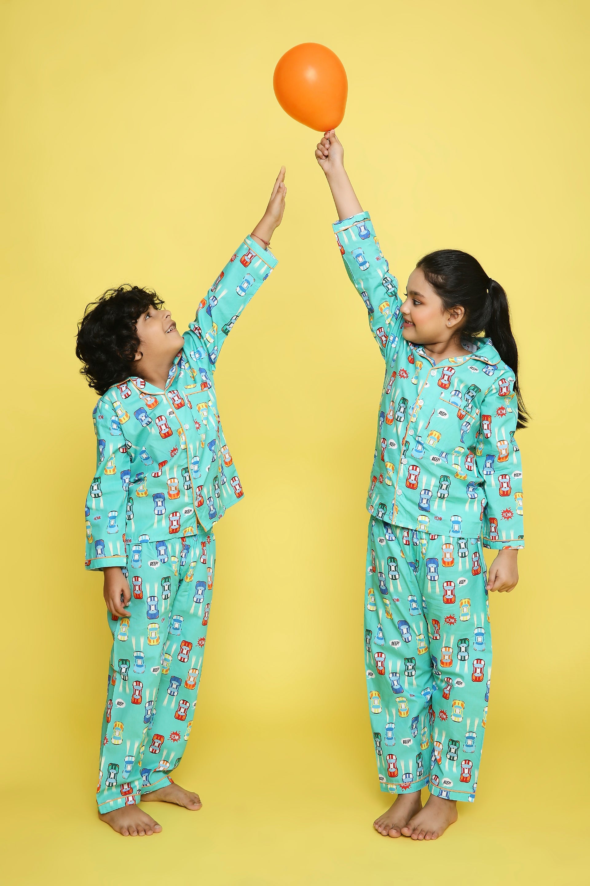 Racing Cars Print Night Suit- Green - Main Image