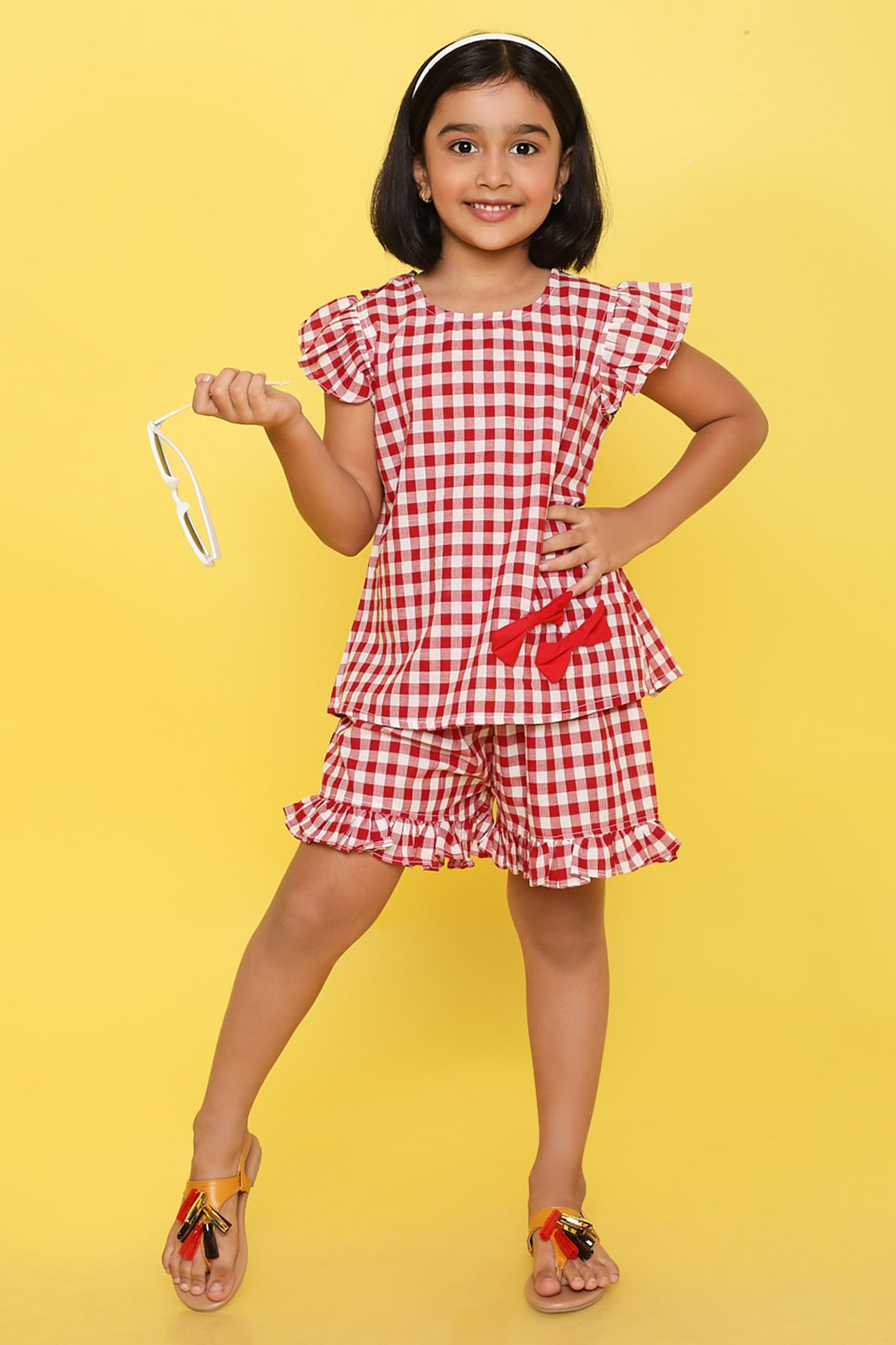 Red and White Checks Coord set with Shorts and top with Cute Bows