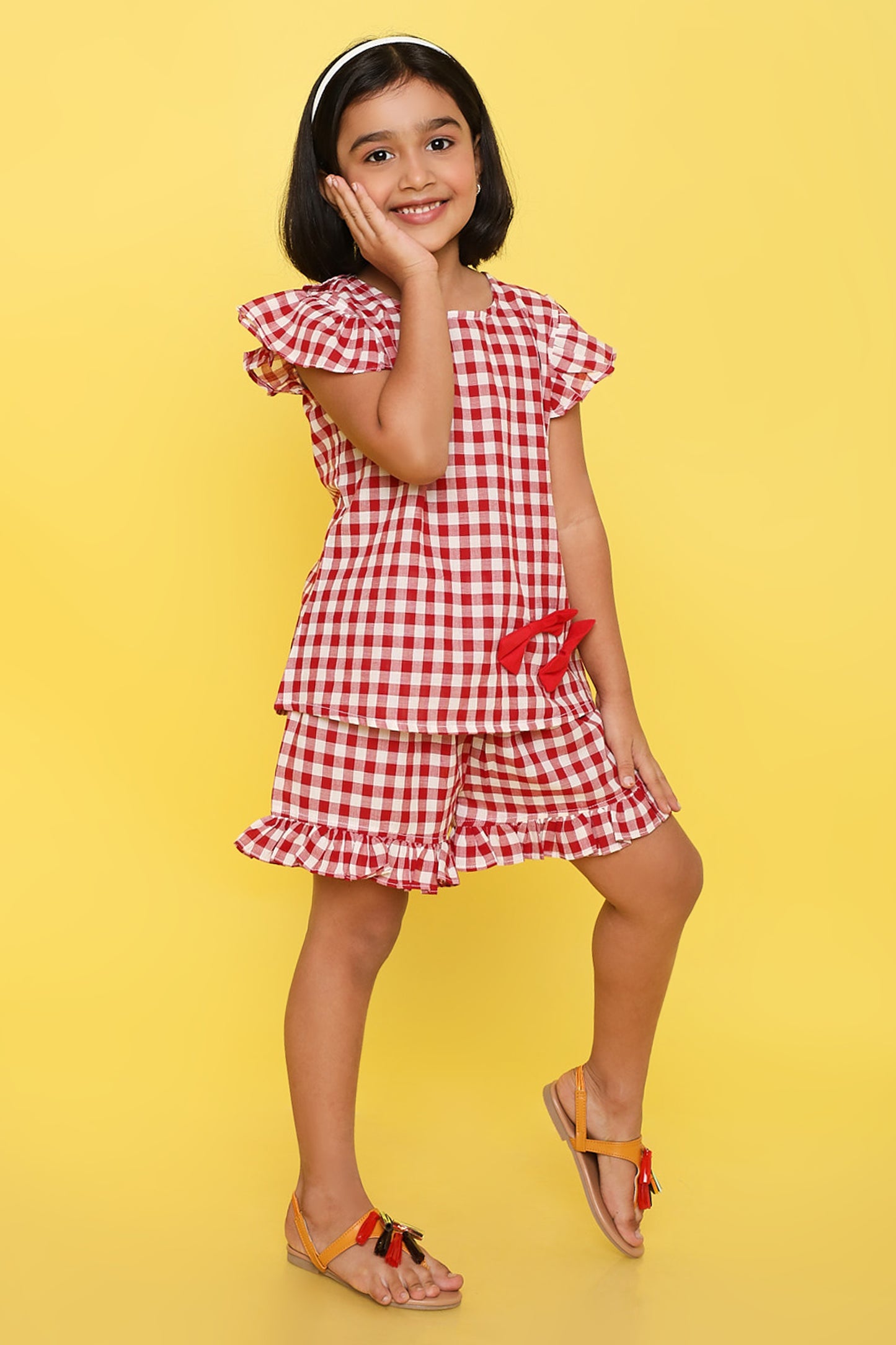 Red and White Checks Coord set with Shorts and top with Cute Bows