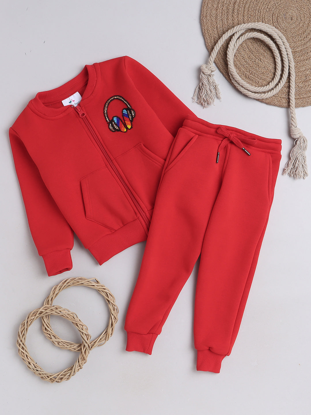 Knitting Doodles Kids' Jogger Set with Warm Fleece and Headphones Bead work Detailing- Red