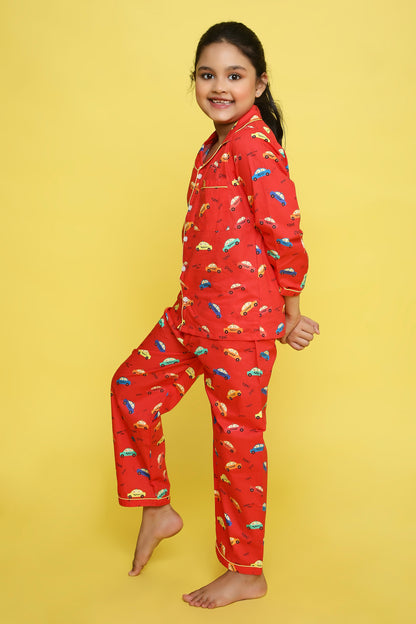 Taxi Cars Print Night Suit- Red