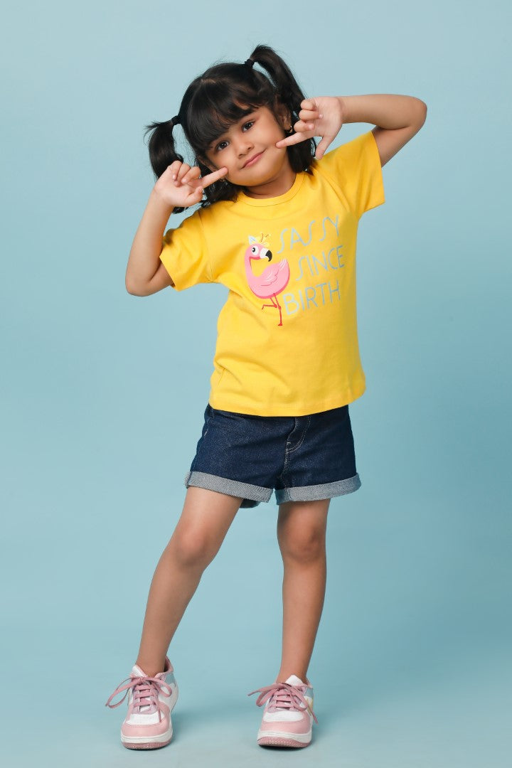 Knitting Doodles Pure cotton Girls' Yellow t-shirt with Cute Flamingo print- Yellow